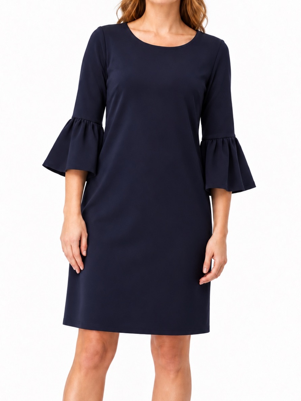 Jude Connally Navy Blue Bell 3/4 Sleeve Shift Dress Large Knee Length Round Neck